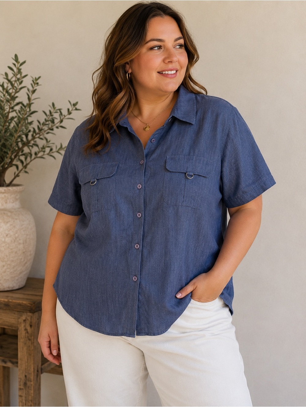 Tradition Blue Short Sleeve Utility Button-Up Shirt Size 14 Classic Minimalist